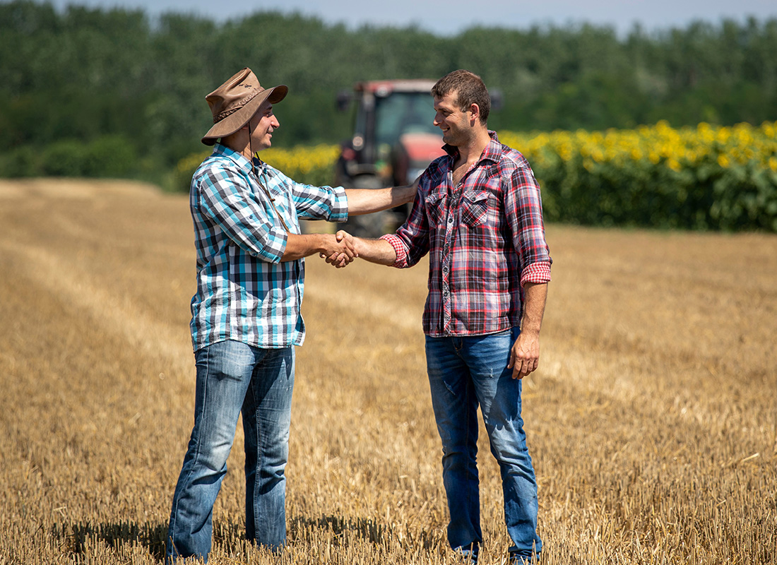 Insurance Solutions - Two Farmers Stand Together and Shake Hands on a Crop Field on a Sunny Day